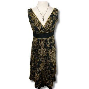 DIGIT@L Vintage black yellow floral print v-neck sleeveless a-line dress ~ SMALL